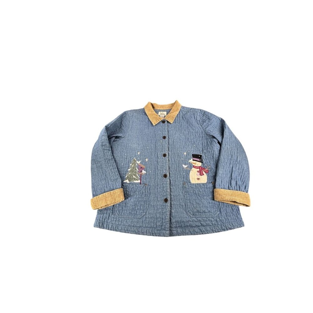 C.J. Banks Quilted Jacket 1X Snowman & Tree Birds Embroidery Winter Chore Barn